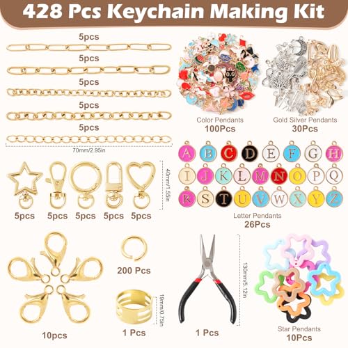 428Pcs Charms Lip Gloss Keychain Making Kit, DIY Bag Charm Kit with 25 Keychain Clips 25 Extender Chain 140 Charms Jewelry Plier & Beading Accessories, Jewelry Making Kit for Custom Keychains Gifts