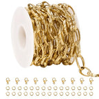 SMYHTGLIF 9.8 Feet Unwelded Embossed Oval Paperclip Chain Bulk Roll Gold Stainless Steel Chain for Jewelry Making DIY Craft Jewelry with Lobster Clasps and Jump Rings - color: Embossed Paperclip Gold