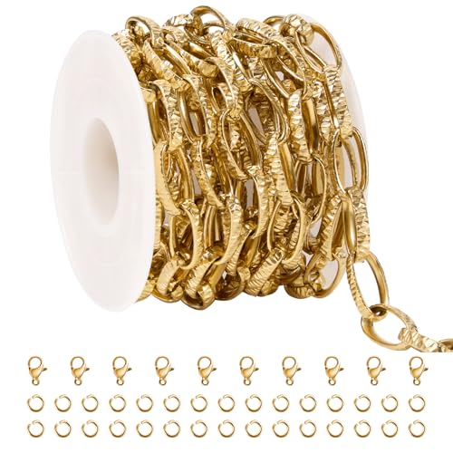 SMYHTGLIF 9.8 Feet Unwelded Embossed Oval Paperclip Chain Bulk Roll Gold Stainless Steel Chain for Jewelry Making DIY Craft Jewelry with Lobster Clasps and Jump Rings - color: Embossed Paperclip Gold