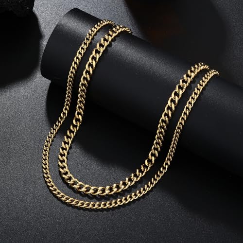 2PCS Cuban Link Chain Set for Men - Gold/Silver Plated Stainless Steel Layered Chain Necklace Non-Tarnish Jewelry Gift 16"/18", 18"/20", 20"/22", 22"/24" - color: Gold Chain, size: 20inch+22inch