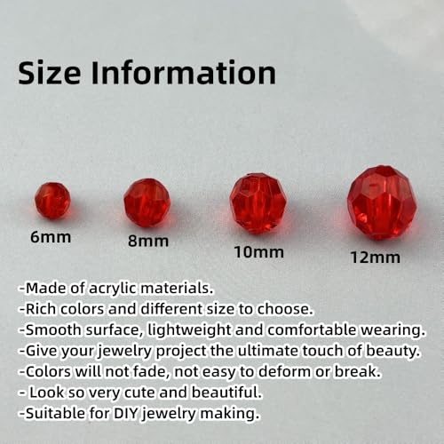 850pcs Acrylic Round Faceted Beads 6mm 8mm 10mm 12mm Faceted Round Spacer Beads for Bracelets Necklace Earring DIY Jewelry Making Craft(Red) - color: Red