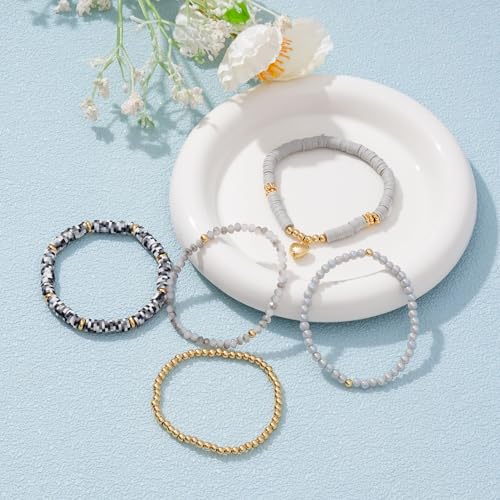 RISHEGAE Heishi Beaded Stretch Bracelets for Women Stackable Polymer Clay Beads Bracelets Friendship Boho Summer Beach Bracelet Jewelry Set - color: E-Gray Heart