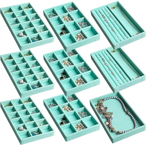 Frebeauty Jewelry Organizer Tray,Stackable Velvet Jewelry Trays,Drawer Inserts Earring Organizer For Women Jewelry Storage Display Case for Rings Stud Necklaces,8.3 x 4.9 x 1 Inches (Turquoise) - color: Turquoise, size: Set 9