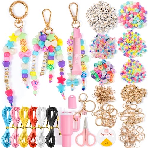 WATINC DIY Keychain Making Kit with Tools - 980PCS Craft Supplies with Charms, Alphabet Beads, Key Rings, Clips, Scissors to Make Bag Charms, Lip Gloss Organize Keychain, Jewelry Gifts for Teens