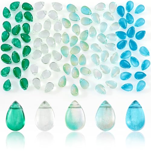 AHANDMAKER 100 Pcs Teardrop Czech Glass Beads, 5 Colors Transparent Crystal Beads with Glitter Water Drop Loose Pendants Beads for DIY Necklace Earring Bracelet Jewelry Making, Blue&Green