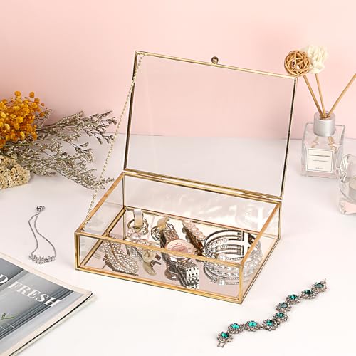 Hipiwe Glass Jewelry Display Box Gold Photo Organizer with Mirror Base Decorative Golden Box for Ring Earring Keepsake Makeup Treasure, 7.3 x 5.3 x 2 Inch - size: 7.3 x 5.3 x 2 Inch