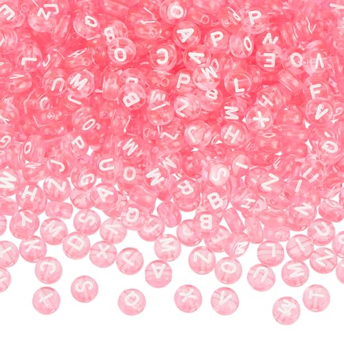 1000Pcs Transparent Letter Beads Acrylic Mixed Alphabet Beads Flat Round Disc Spacer Bead White Alphabet Pattern Loose Bead for Bracelet Necklace Jewelry Making 7x4mm Pearl Pink - color: Pearl Pink