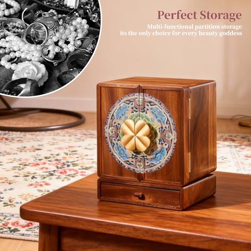 Wooden Jewelry Box for Women Jewelry Box With Drawers Walnut Wood (Walnut Wood with printing B) - color: Walnut Wood with printing B