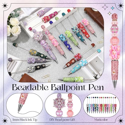Tondiamo 45 Pcs Full Rhinestone Beadable Pens Bulk Set 15 Glitter Diamond Pens with Cards & Bags Fancy Beaded Pen for Beads DIY Cute Journalling Bling Ballpoint Craft Making(Rose Diamonds) - style: Rose Diamonds
