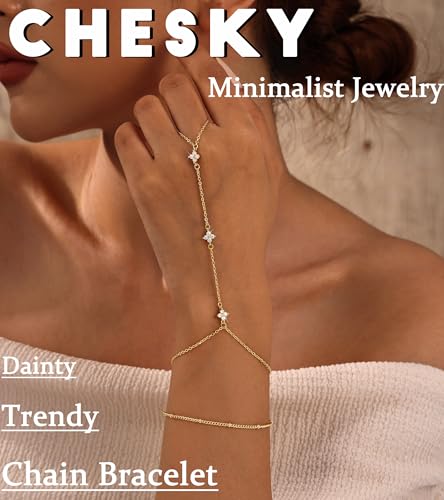 CHESKY 14K Gold Plated Hand Chain Bracelets for Women Set - Dainty Finger Ring Bracelet Stack Adjustable Hand Chains Durable Beaded Bracelets Trendy Simple Body Jewelry Gift for Women - style: 2clover bracelet-gd