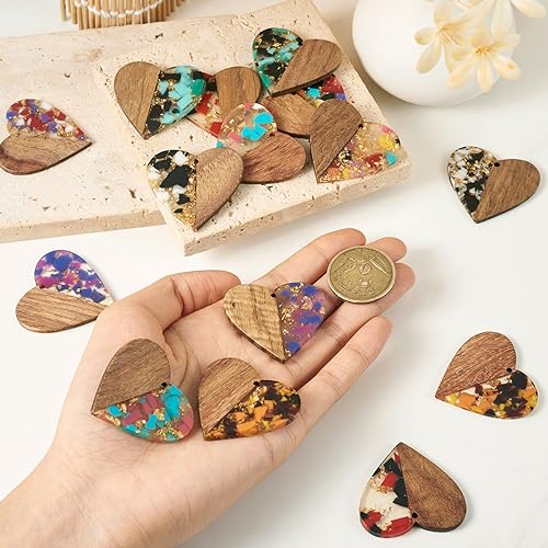 FASHEWELRY 16pc Heart Resin Wood Earrings & Charms - Gold Foil Wooden Earring Blanks & Findings for Jewelry Making - color: Heart with Gold Foil