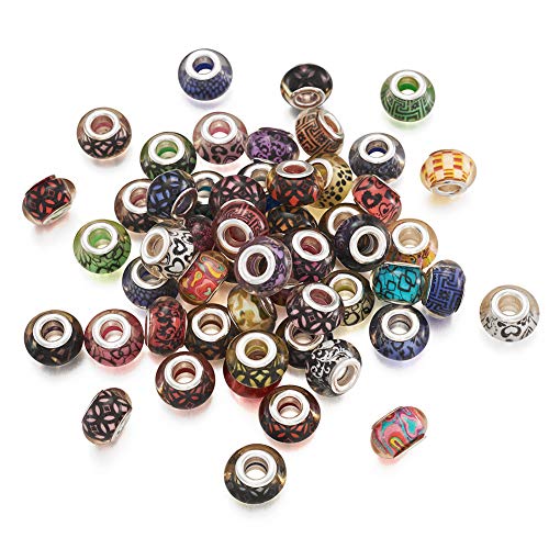 Beadthoven 100pcs Color Pattern Acrylic European Beads Assorted Large Hole Retro Style European Bracelet Slide Charm Beads with Cores 14x9mm for DIY Jewelry Making Beading Accessories Supplies - color: Pattern Mixed Color