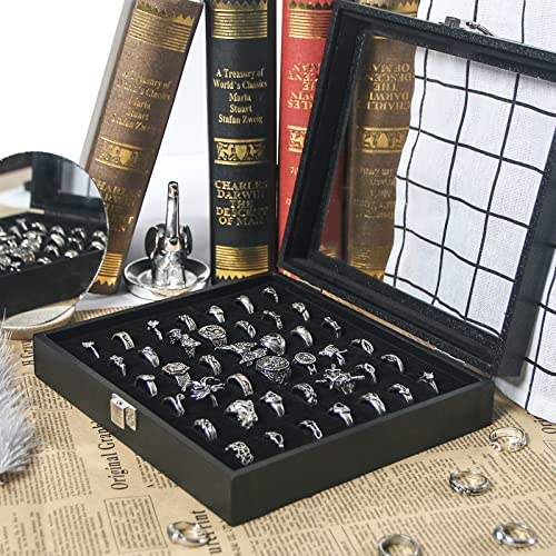 Pangkeep Ring Organizer Display Case,Black Jewelry Storage Tray Boxes for Multiple Rings,Glass Lid,Stackable. (42 Slots)