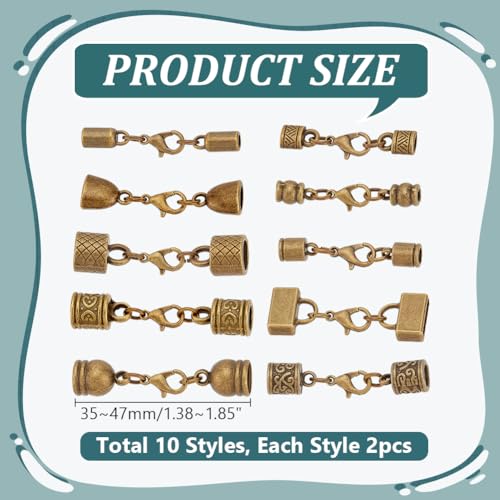PH PandaHall 10 Styles Tibetan End Caps, 20 Sets Leather Cord End Caps Alloy Tube Barrel End Tip with Lobster Clasp Rope End Caps with Ring Connector for Necklaces Bracelet Jewelry Making