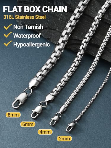 PROSTEEL Stylish Stainless Steel Flat Box Link Chain Necklace for Men, Silver/Gold/Black Tone, Hypoallergenic Jewelry, 14"-30", Come with Box - size: 28 inch(71cm), style: 2mm-Elegant Silver