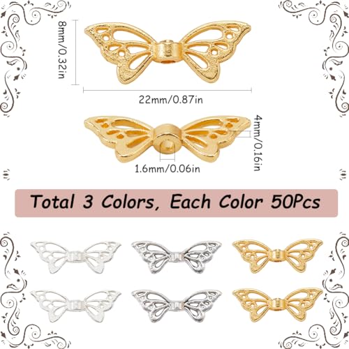 SUNNYCLUE 1 Box 150Pcs 3 Colors Metal Butterfly Bead Bulk Wing Spacer Beads Alloy Antique Golden Silver Tibetan Hollow Butterflies Wings Loose Beads for Jewelry Making Bracelet DIY Crafts Accessories