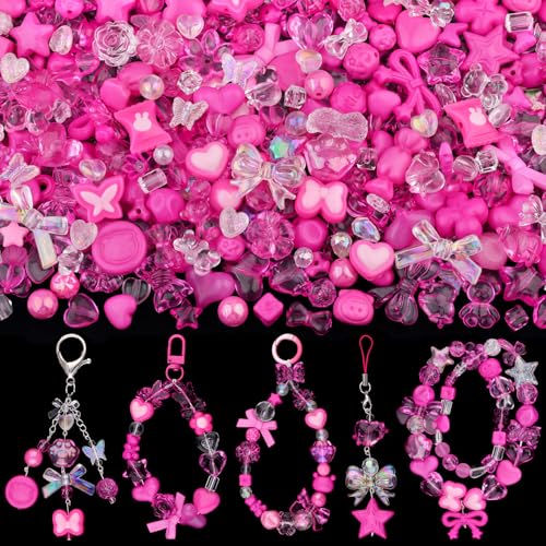 200-260PCS TINKRSTUFF Assorted Acrylic Beads Rose Pink Cute Beads for Bracelet Making, Bow Aesthetic GummyBear Flower Butterfly Kawaii Charms for Jewelry Making DIY Necklace Keychain Phone Charm - color: Rose Pink
