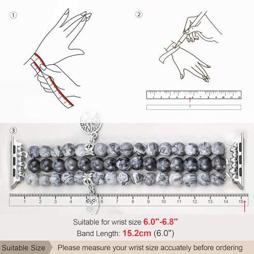Newlibery Natural Stone Bracelet Beaded-Band Women Compatible with Apple Watch 42mm(S3/2/1) 44/45/46/49mm Feminine Handmade Stretch Strap for iWatch Series 11/10/9/8/7/6/5/4/3/2/1 SE 3/2/1 Ultra1/2/3 - color: A8 Grey Map, size: 46(S10/11)/49/45/44/42mm(S1