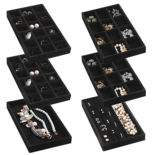 Frebeauty Jewelry Organizer Tray,Stackable Velvet Jewelry Trays,Drawer Inserts Earring Organizer For Women Jewelry Storage Display Case for Rings Stud Necklaces,Set of 6(Black) - color: Black, size: Set 6