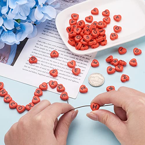 Cheriswelry 100pcs Heart Shape Acrylic Letter Alphabet Beads Opaque Red Black Letter Pony Loose Spacer Beads 10.5x11.5mm for DIY Craft Earring Bracelet Necklace Jewelry Making Supplies - color: Red Heart Letter Beads