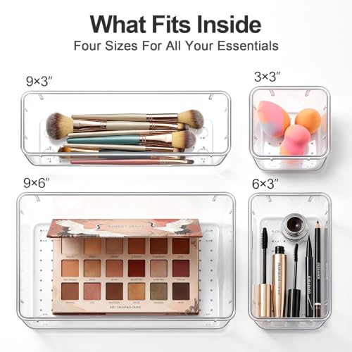 44 Pcs Makeup Drawer Organizer Set, 4 Sizes Versatile Vanity Drawer Organizer for Makeup, Non-Slip Desk Organizer Trays for Bathroom, Bedroom, Office, Fits Jewelry and Office Supplies - size: 44Pack