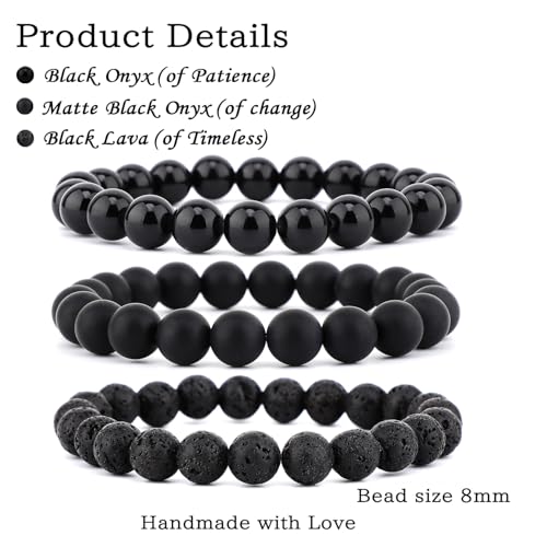 2/3-Pieces 4mm 6mm 8mm Natural Crystal Gemstone – Handmade Reiki Energy Healing Stretch Bracelets Jewelry for Yoga, Meditation, Unisex - color: 3 Pieces (BlackLava&BlackOnyx&MatteBlackAgate), size: 8mm