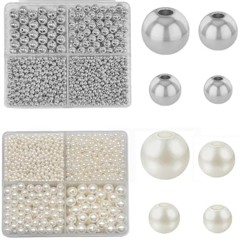 3360pcs Silver Round Beads & Pearl Beads 3/4/6/8mm 4 Size Smooth Ball Bead for Jewelry Making Metal Circle Bead for Bracelet Necklace Earring Making Supply - color: pearl+silver Bead