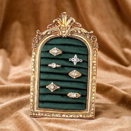 Liliaafar Vintage Ring Holder Gold Ring Wedding Display Suede Jewelry Box Stand Frame Earring Tray Anniversary Engagement Baroque Organizer Photograph Prop for Women Birthday Gifts (Arch,Green Mat) - color: Green Mat, style: Arch