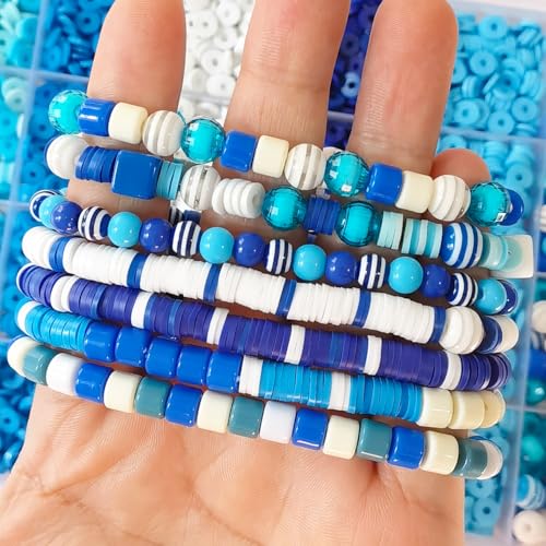 Blue Heishi 6mm Clay Beads for Bracelets Necklace Earring DIY Crafts - Blue Boho DIY Craft Assorted Beads for Women Jewelry Making Kit - Ocean Bohemian Summer Beach Holiday Party Supplies Set, 1 Box