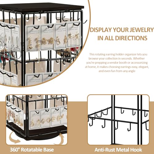 Yuehuam 360 Rotating Earring Display Stand, 48 Hooks Jewelry Rack with Wooden Base for Earring Card Selling, Earring Holder Organizer for Vendors