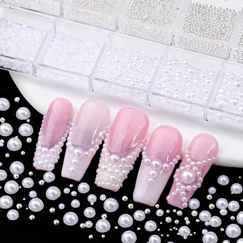 3D Mini Small Caviar Nail Beads Balls, 0.7-2mm Silver Nail Art Beads 1.5-5mm White Nail Pearls Half Round Flatback Pearl Nail Charms with Pickup Tools for Nails Face Eyes Makeup(31-K1-4) - color: 31-K1-4
