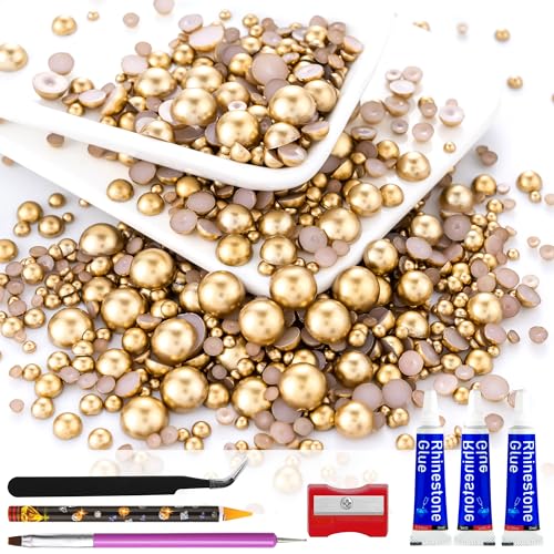 60g Antique Gold Flatback Half Round Pearls Mixed Size 3-10mm Resin Craft Beads for Nail Art, Face Gems, DIY Jewelry Making - color: Antique Gold, size: 60g