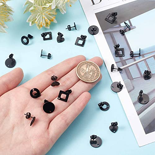 SUNNYCLUE 1 Box 30Pcs 5 Style Black Earring Posts Stainless Steel Earring Post Ear Stud with Loop Metal Earring Studs Flat Round Stud Earrings Ear Nuts for Earrings Jewelry Making DIY Women Crafts - color: 15 Pairs Black Earring Posts Findings