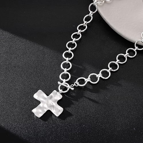 CHESKY 14K Gold Plated Chunky Necklace for Women, Trendy Paperclip Chain Necklace Thick Cross Heart Pendant Necklace Layered Herringbone Cuban Link Chain Toggle Necklaces Non Tarnish Jewelry - color: silver, style: cross