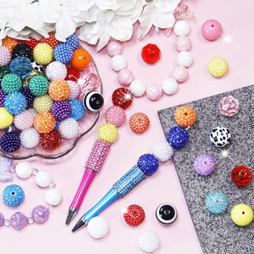 100 Pcs 20mm Beads for Pens Rhinestone Bubblegum Beads Mixed Crystal Acrylic Round Chunky Bead Sparkly Craft Large Balls Bead for Pen Beadable Keychain Bracelet Necklace DIY Jewelry Making Supplies - color: Rainbow