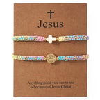 Christian Cross Jesus Pendant Charm Gold Rope String Beaded Bracelets Stack Set for Women,Handmade Bohemian Colorful Adjustable Jewelry,God Lucky Protection Friendship Gift - color: Colorful