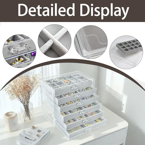 Watpot Acrylic Jewelry Box with 6 Drawers, Clear Earring Storage Organizer Display Case for Women Girls, Gray - color: Gray 6 Layers