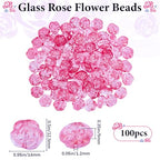 1 Box 100Pcs Pink Rose Beads Glass Flower Bead Transparent Czech Carved Flowers Floral Crystal Glitter Loose Spacer Beads for Bracelet Necklace Jewelry Making DIY Craft Decors Accessories