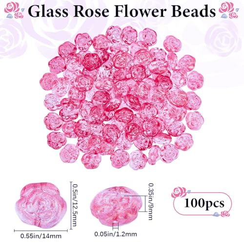 1 Box 100Pcs Pink Rose Beads Glass Flower Bead Transparent Czech Carved Flowers Floral Crystal Glitter Loose Spacer Beads for Bracelet Necklace Jewelry Making DIY Craft Decors Accessories