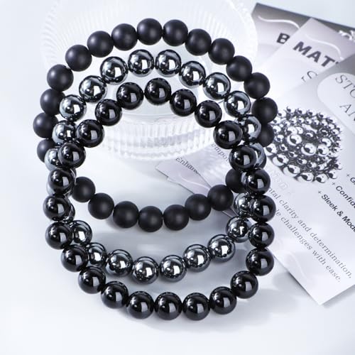 2/3-Pieces 4mm 6mm 8mm Natural Crystal Gemstone – Handmade Reiki Energy Healing Stretch Bracelets Jewelry for Yoga, Meditation, Unisex - color: 3 Pieces (BlackOnyx&Hematite&MatteBlackAgate), size: 8mm