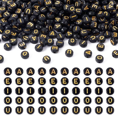 500Pcs Acrylic Beads 7mm Black Vowel Letter Beads Gold Alphabet Bead A E I O U Small Initial Kandi Bead for Crafts DIY Friendship Bracelets Keychain Jewelry Making Supplies - color: Black, Gold Letters, size: 7x3.5mm
