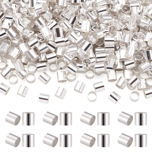 Pandahall 400Pcs Tiny Brass Tube Crimp Beads End Caps Column Crimps Stopper Beads Nickel Free for DIY Jewelry Making (Silver Color)