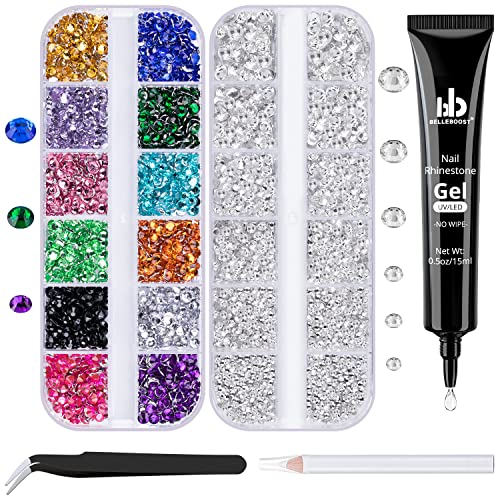 BELLEBOOST Nail Art Rhinestone Glue Gel&2 Boxes Flatback Gems Kit, 1 Tube of 15ml Rhinestone Gel Glue(UV/LED Needed)+Colorful Gems+Flat-Back Round Glass Crystal Clear Gemstones with Pickup Tools - color: A03-Clear+ Multicolored