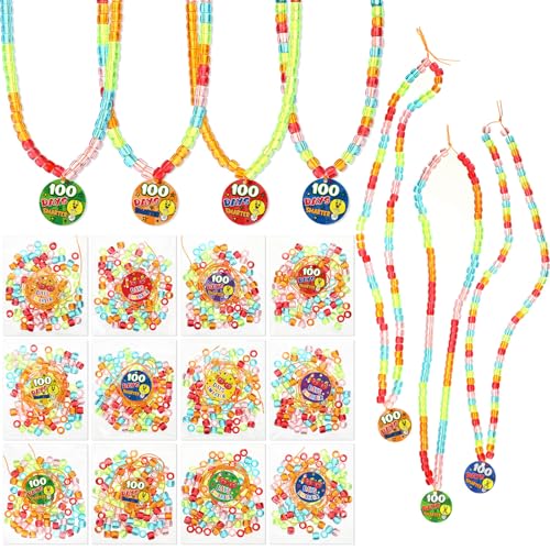 Ecation 24 Pack 100th Day of School Crafts Beads, DIY Necklace Making Kit 5 Assorted Color Beads for Jewelry Making with Printed 100 Days Card Bead Necklace Kit for Fine Motor Activities Art Craft