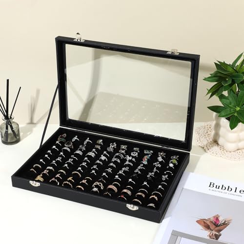 2 Pcs 100 Slots Ring Organizer Box with Transparent Glass Lid, Velvet Jewelry Display Case for Rings, Necklaces, Earrings Storage, Black