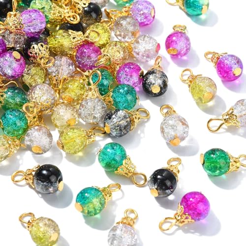 Ipotkitt 100 Pcs Crackle Glass Round Bead Charms Colorful Drop Crystal Bead Charms Mini Dangle Beads for Jewelry Making DIY Necklace Earring Accessory - color: 100pcs-Crackle Glass Charms-15~15.5mm