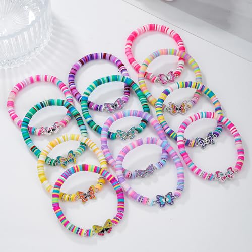 Friendship Bracelets Boho Stackable Bracelets for Women Surfer Heishi Clay Bead Bracelets Stretch Preppy Bracelets Colorful Boho Bracelets for Women - color: 12pcs Clay Butterfly