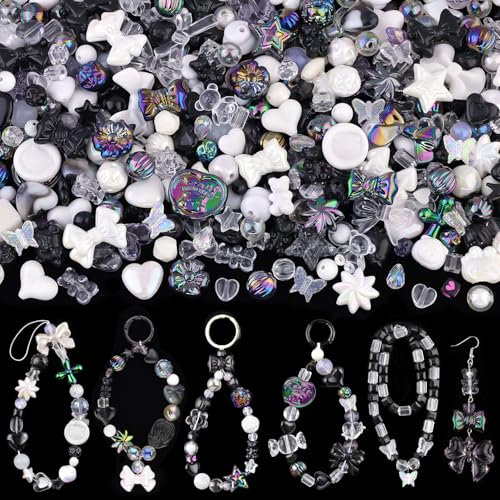 200-260PCS TINKRSTUFF Assorted Acrylic Beads Black Cute Beads for Bracelet Making, Bow Aesthetic GummyBear Flower Candy Butterfly Kawaii Charms for Jewelry Making DIY Necklace Keychain Phone Charm - color: Black