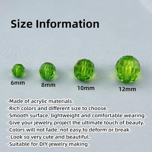 850pcs Acrylic Round Faceted Beads 6mm 8mm 10mm 12mm Faceted Round Spacer Beads for Bracelets Necklace Earring DIY Jewelry Making Craft(Green) - color: Green