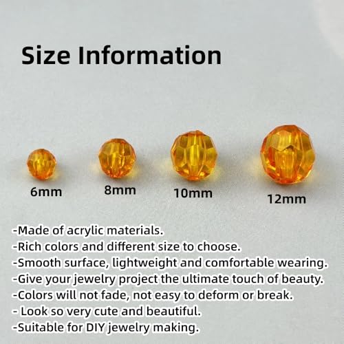 850pcs Acrylic Round Faceted Beads 6mm 8mm 10mm 12mm Faceted Round Spacer Beads for Bracelets Necklace Earring DIY Jewelry Making Craft(Orange) - color: Orange